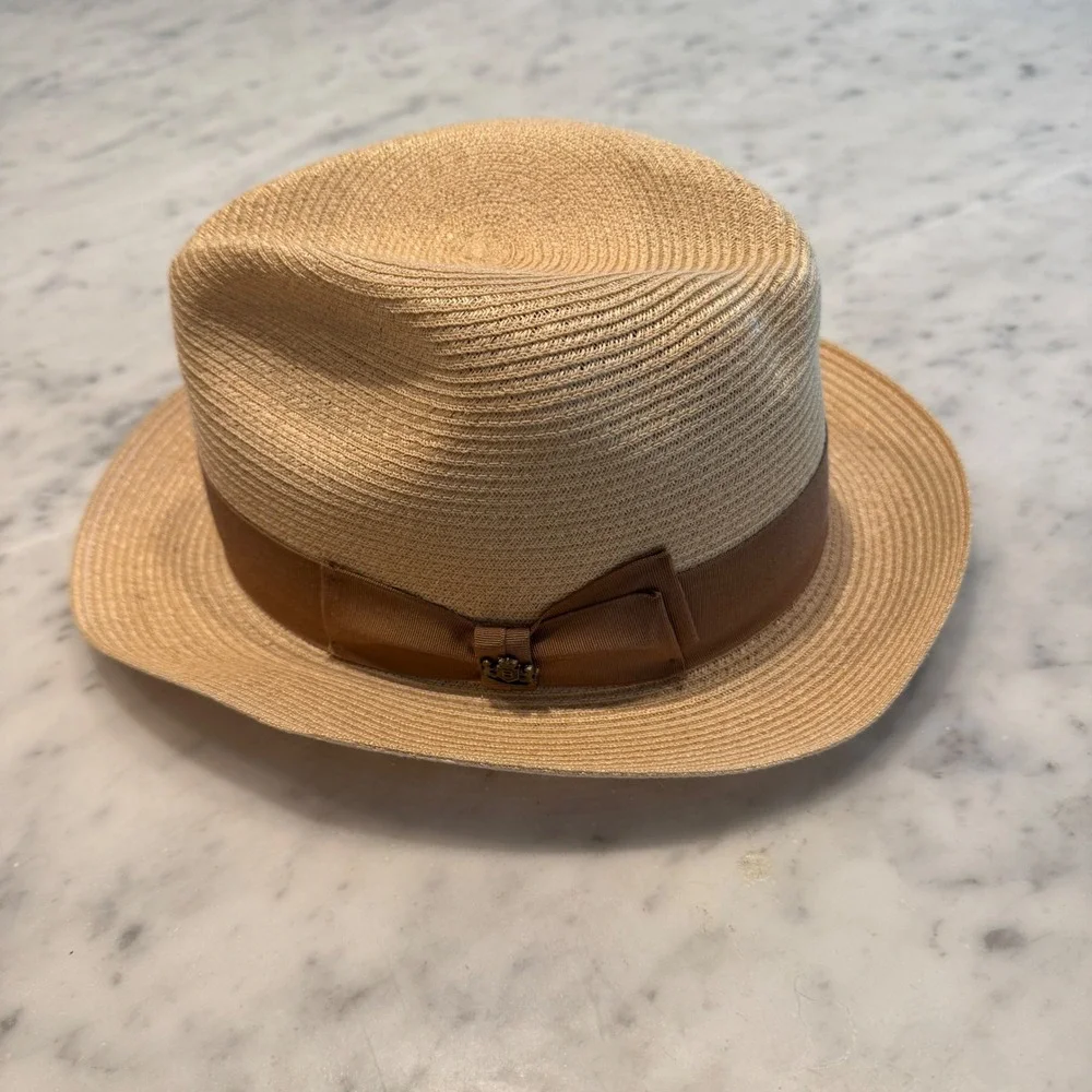 Biltmore Hats Mens Tan Straw Fedora Hat Size 7 56 Made in USA Brown Band Bow